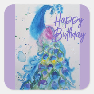 Elegant Peacock Watercolor Pastel Happy Birthday Square Sticker