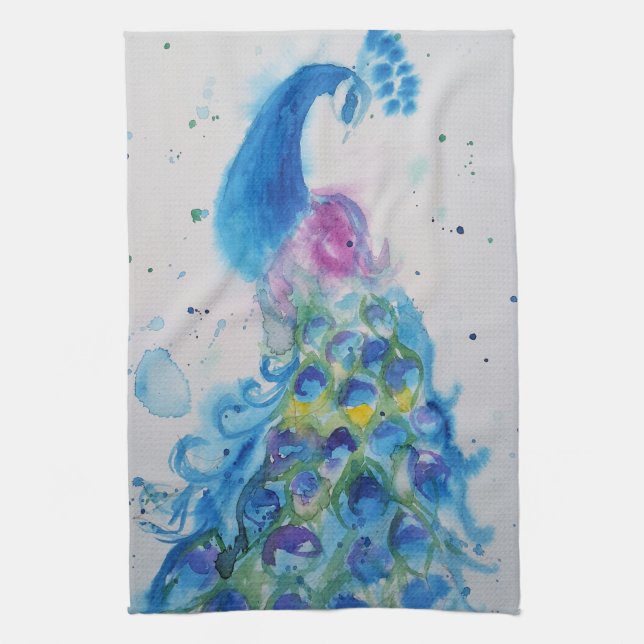 Elegant Peacock Watercolor Womens Pastel Colors Tea Towel (Vertical)