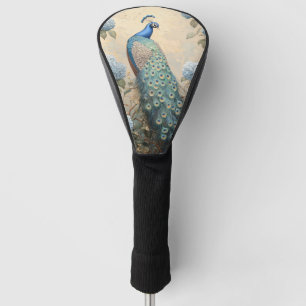 Elegant Peacock with Blue Hydrangeas Oil Painting Golf Head Cover