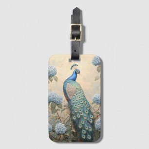 Elegant Peacock with Blue Hydrangeas Oil Painting Luggage Tag