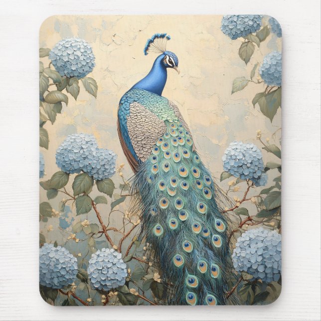 Elegant Peacock with Blue Hydrangeas Oil Painting Mouse Pad (Front)