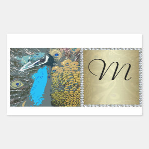 Elegant Peacock with Faux Jewels Monogram M Rectangular Sticker