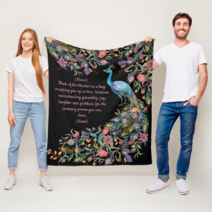 Elegant Peacock with Flowers as Tail and Message Fleece Blanket