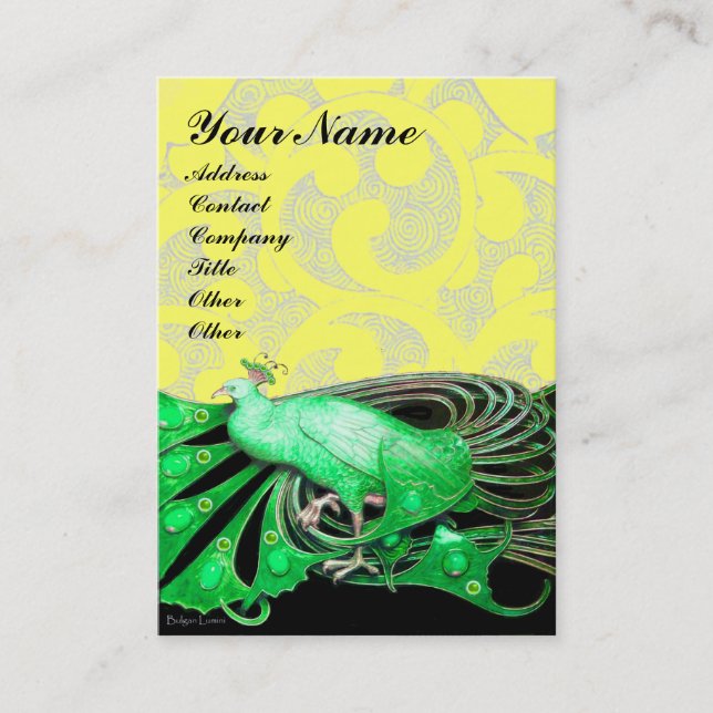 ELEGANT PEACOCK WITH YELLOW FLORAL SWIRLS BUSINESS CARD (Front)