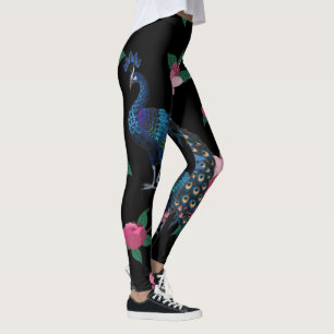 Elegant Peacocks and Pink Flowers Pattern Leggings