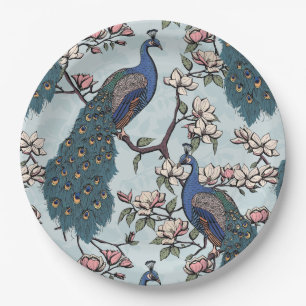Elegant Peacocks & Magnolia Flowers Blue Paper Plate