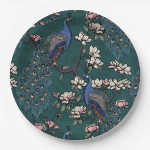 Elegant Peacocks & Magnolia Flowers Green Paper Plate