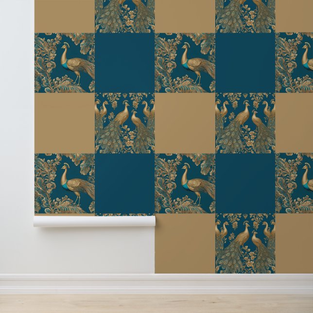 Elegant Peacocks Patterned Blue Faux Gold Stylish Wallpaper (Application)