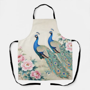 Elegant Peacocks Pink Peonies Asian  Apron