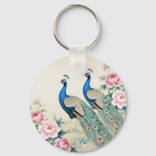 Elegant Peacocks Pink Peonies Asian Key Ring
