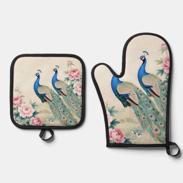Elegant Peacocks Pink Peonies Asian  Oven Mitt & Pot Holder Set (Front)