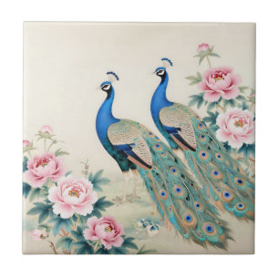 Elegant Peacocks Pink Peonies Asian  Tile