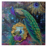 Elegant Peacocks w Feathers Gold Glitter Vintage Tile<br><div class="desc">Reverse direction to use for backsplash etc. "Elegant Peacocks w Feathers Gold Glitter Vintage ceramic tile." These tiles are vibrant and beautiful! Elegant antique damask pattern in peacock colours with a pair of vintage peacocks, a gold ornate frame in glitter and glittery feathers for an Art Nouveau elegance. Graphically designed...</div>