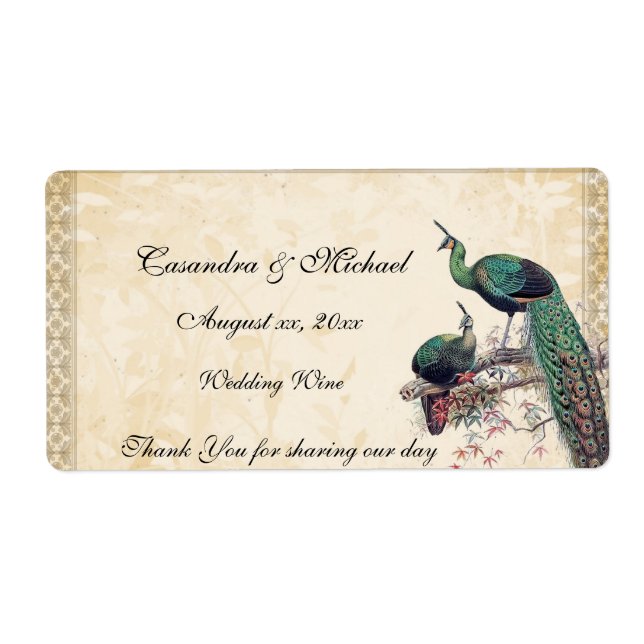 Elegant Peacocks Wedding Wine Label (Front)