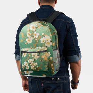 Elegant Pear Blossom Backpack, Green & Gold art Printed Backpack