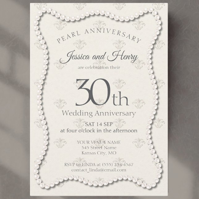 Elegant Pearl 30th wedding anniversary damask Invitation (Creator Uploaded)