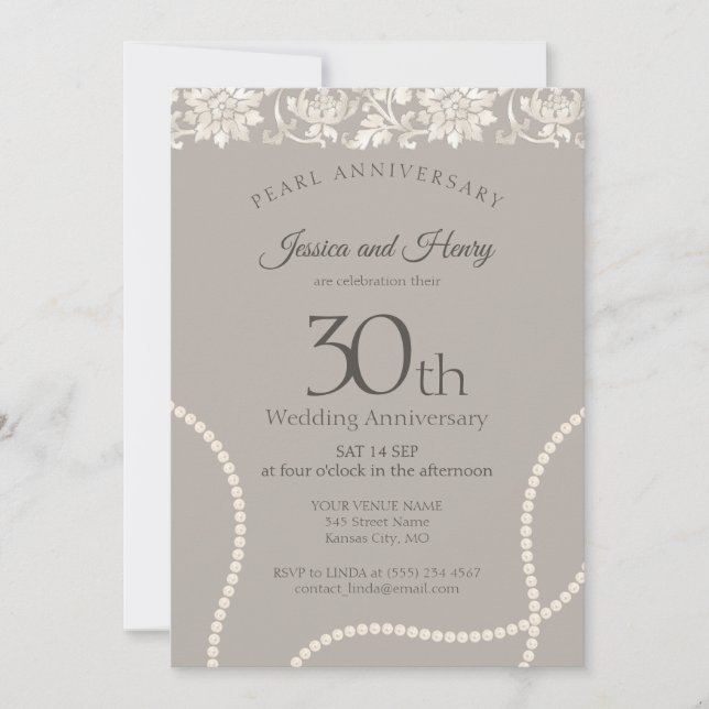 Elegant Pearl 30th wedding anniversary taupe Invitation (Front)
