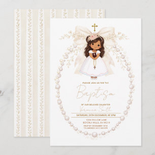 Elegant Pearl Baptism Girl Bow  Invitation