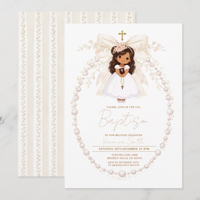 Elegant Pearl Baptism Girl Bow  Invitation (Front/Back)
