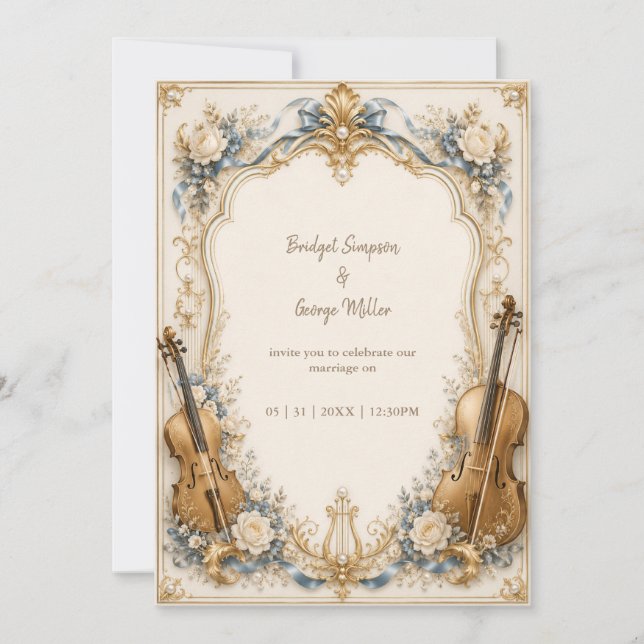Elegant Pearl Blue Florals Strings Wedding Luxe Invitation (Front)