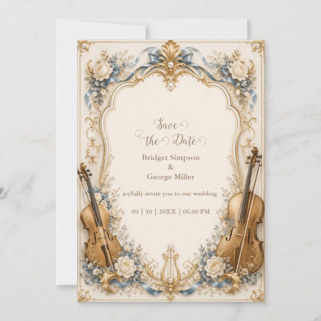 Elegant Pearl Blue Florals Strings Wedding Luxe Invitation (Front)