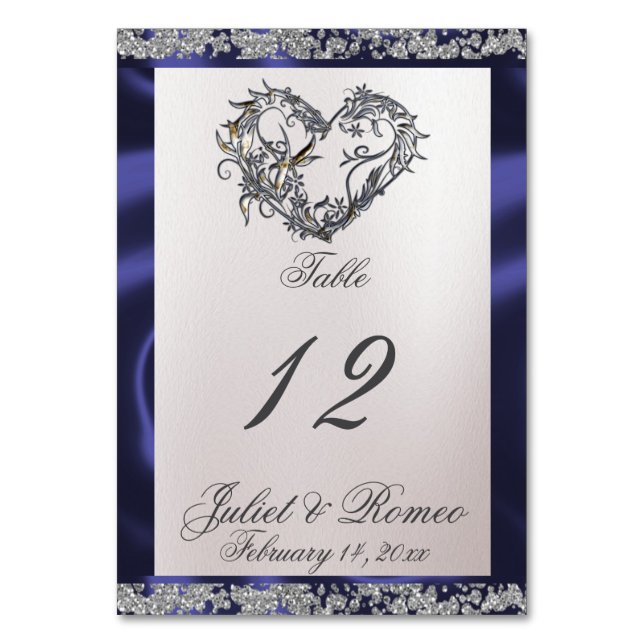 Elegant Pearl, Blue Ribbon & Sparkle Table Number (Front)