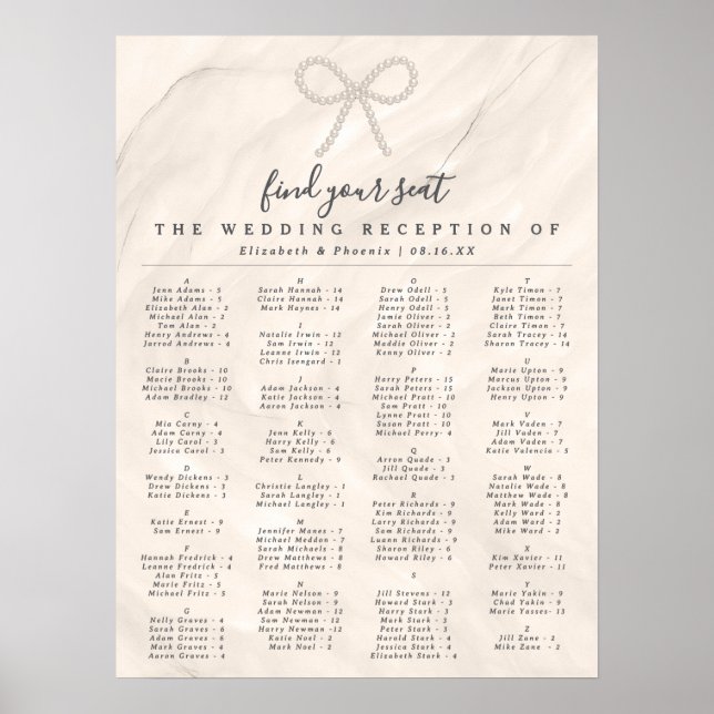 Elegant Pearl Bow Alphabetical Guest Seating Chart (Front)