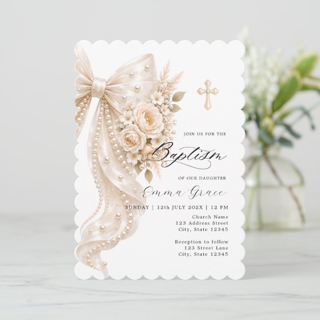 Elegant Pearl Bow and Floral Baptism Invitation (Standing Front)