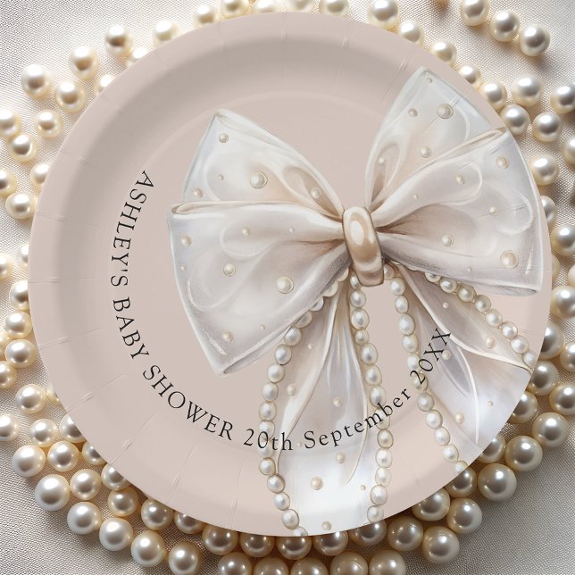 Elegant Pearl Bow Baby Shower Paper Plate (Creator Uploaded)