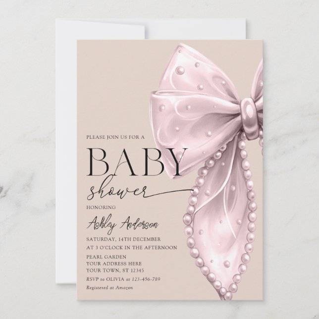 Elegant Pearl Bow Beige Blush Baby Shower Invitation (Front)