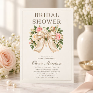 Elegant Pearl Bow Floral Bridal Shower Invitation
