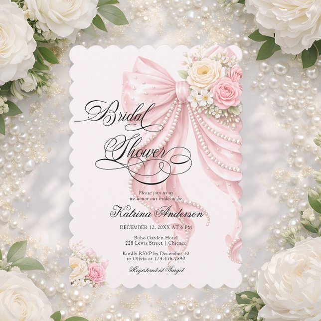 Elegant Pearl Bow Floral Pink Bridal Shower  Invitation (Creator Uploaded)