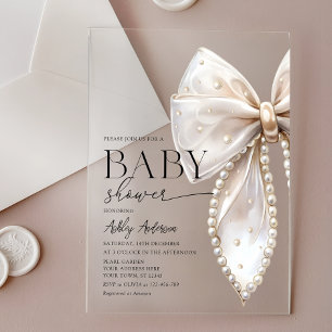 Elegant Pearl Bow Girl Baby Shower Acrylic Invitations