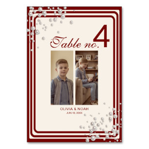 Elegant Pearl Burgundy Childhood Photo Wedding Table Number