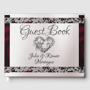 Elegant Pearl, Burgundy Ribbon & Sparkle Guest Book