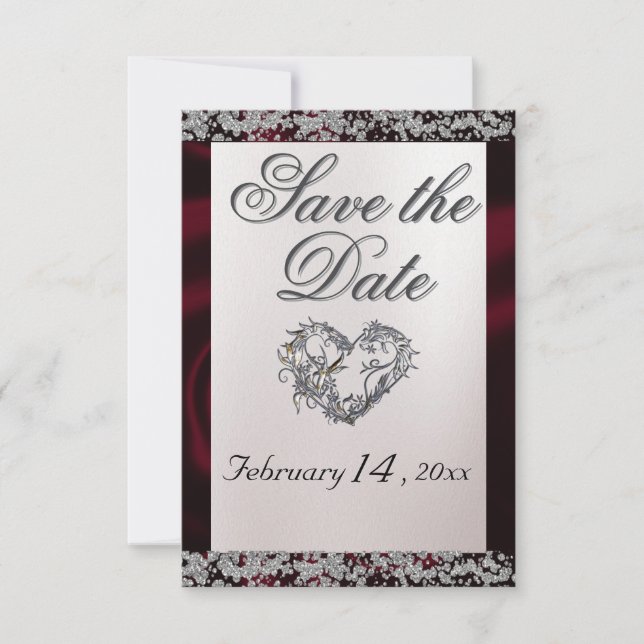 Elegant Pearl, Burgundy Ribbon & Sparkle Save The Date (Front)