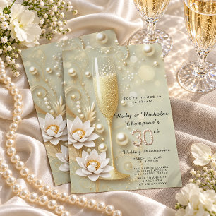 Elegant Pearl & Champagne Glass 30th Wedding Anniv Invitation