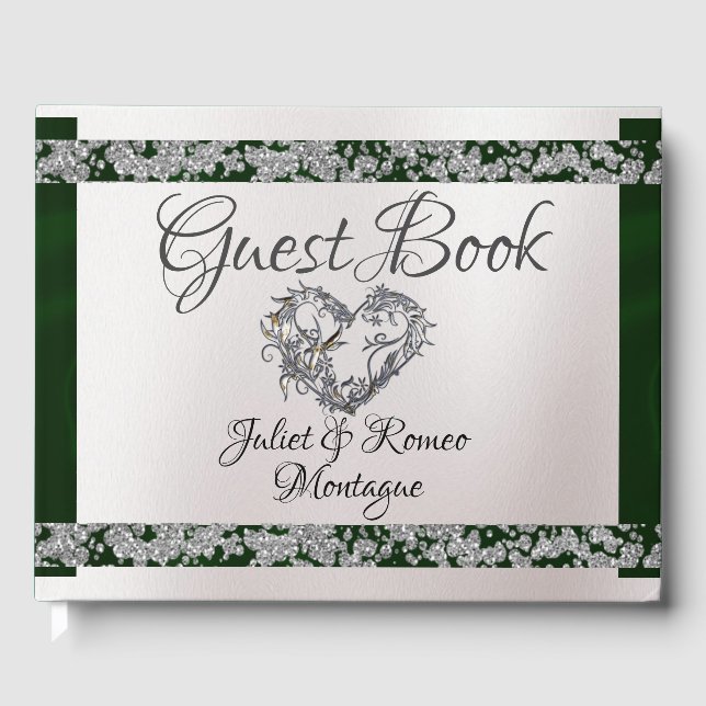 Elegant Pearl, Emerald Ribbon & Sparkle Guest Book (Front)