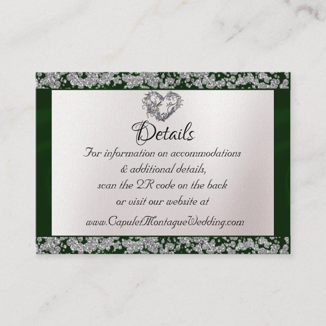Elegant Pearl, Emerald Ribbon & Sparkle QR Code Enclosure Card (Front)