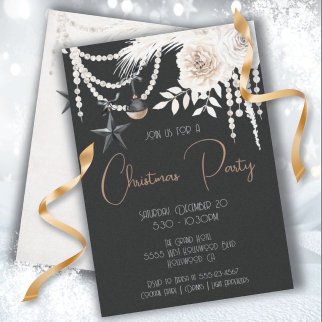 Elegant Pearl Floral Black & White Christmas Party Invitation (Creator Uploaded)