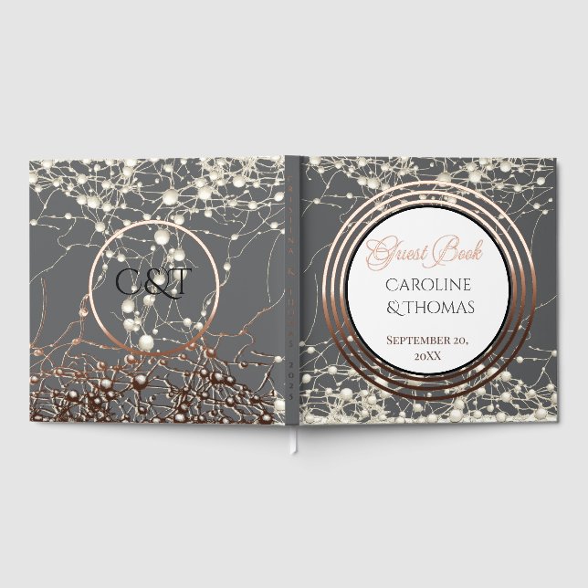 Elegant Pearl Gold Script Wedding Romantic Pearls Guest Book (Full)