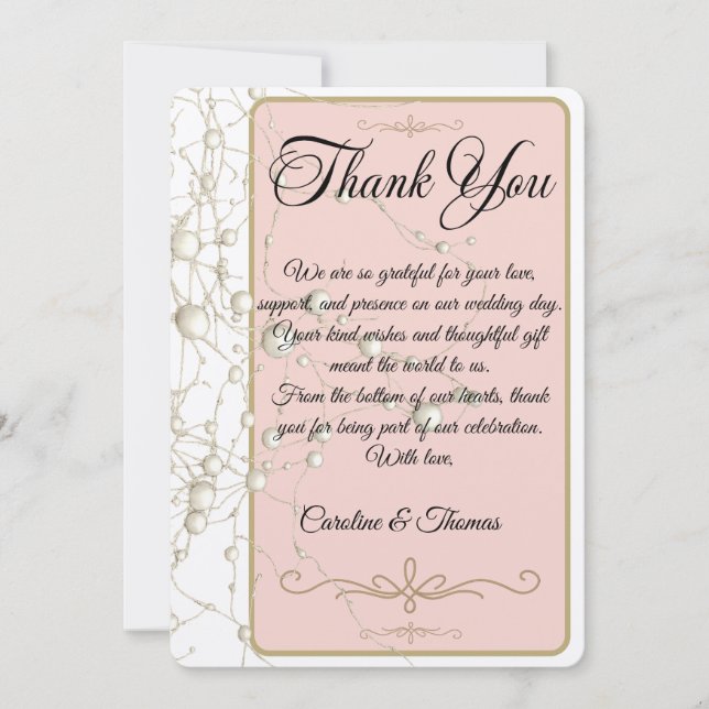 Elegant Pearl Gold Script Wedding Romantic Pearls Thank You Card (Front)