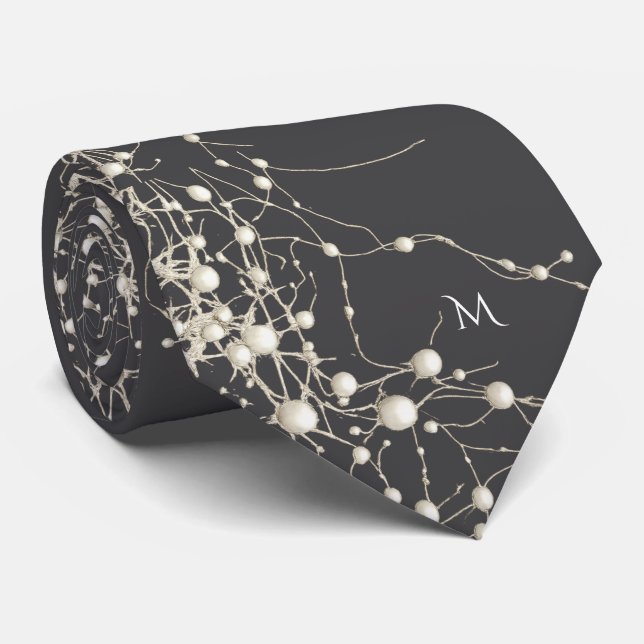 Elegant Pearl Gold Script Wedding Romantic Pearls Tie (Rolled)
