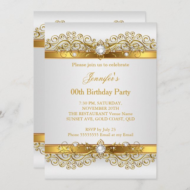 Elegant Pearl Gold White Silver Birthday Party Invitation (Front/Back)