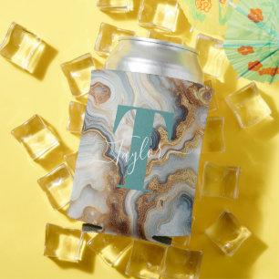Elegant Pearl Golden Agate Custom Monogram Can Cooler