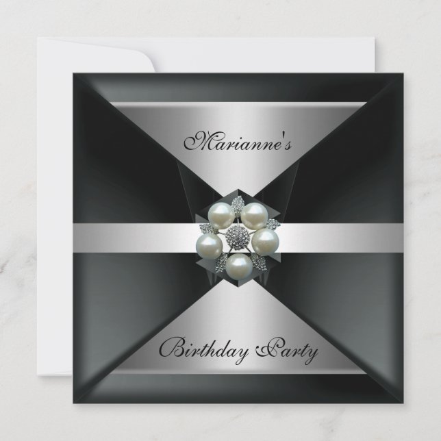 Elegant Pearl Jewel Birthday Silver & White Invitation (Front)