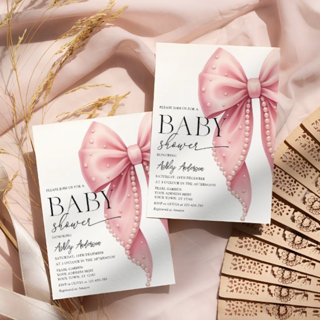 Elegant Pearl Pink Bow Girl Baby Shower Invitation (Creator Uploaded)