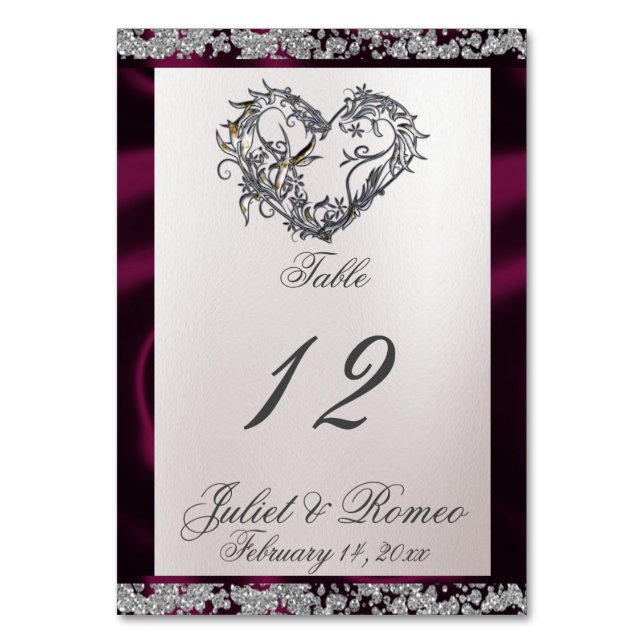 Elegant Pearl, Purple Ribbon & Sparkle Table Number (Front)