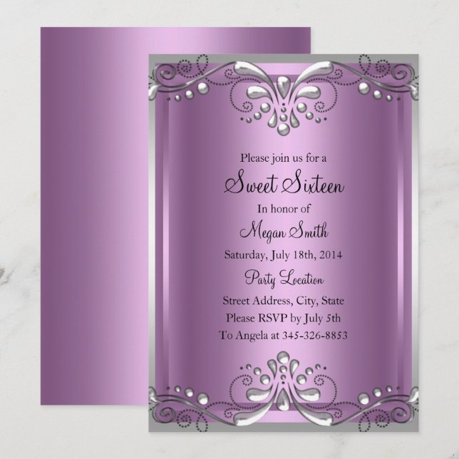 Elegant Pearl Purple Sweet Sixteen Invite (Front/Back)