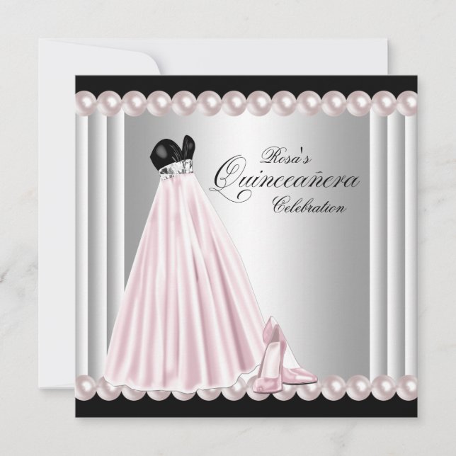Elegant Pearl Silver Pink Quinceanera Invitation (Front)